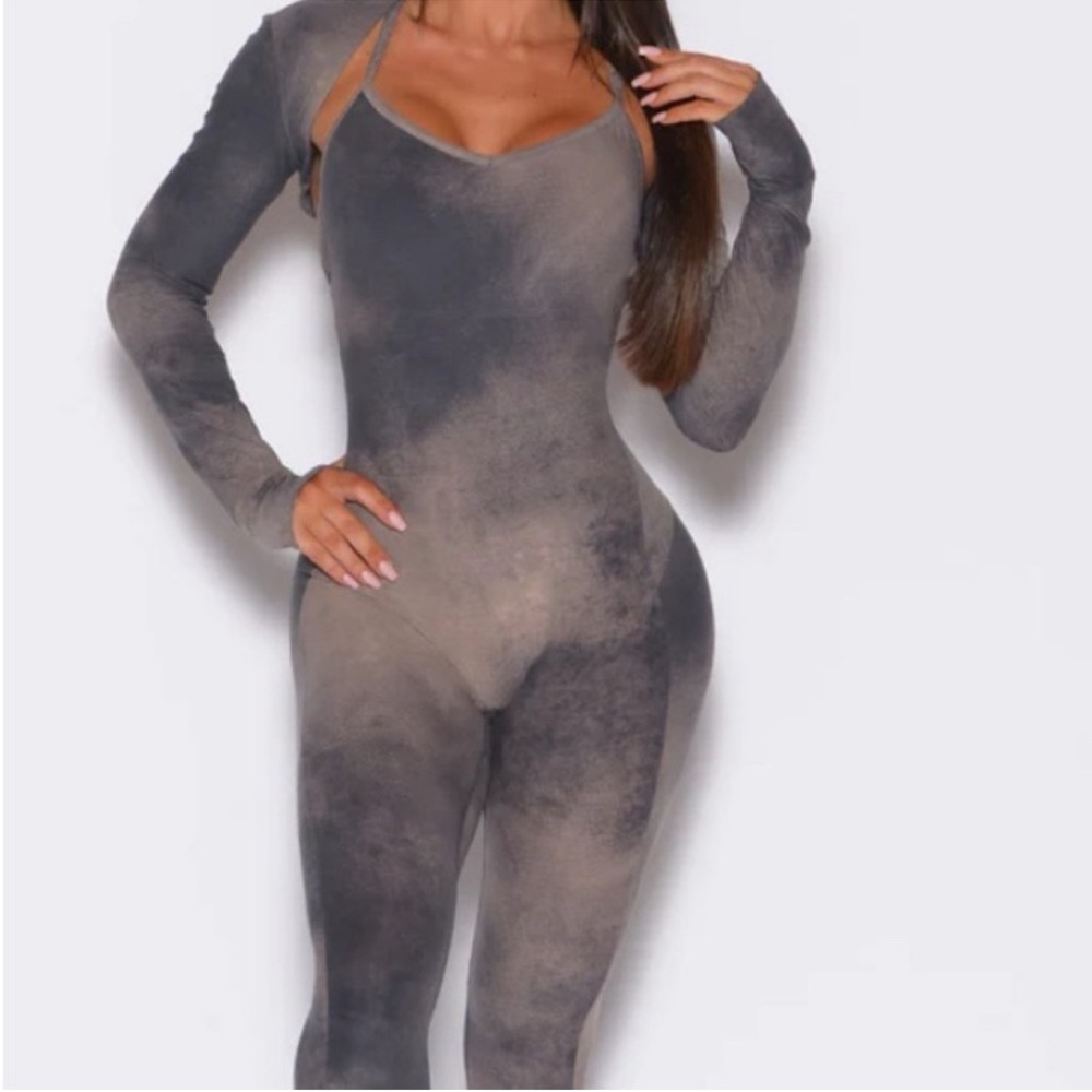 Gray and Tan Long Sleeve Bodysuit